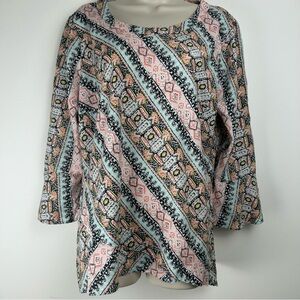 New Directions 3/4 Bell Sleeve Pastel Print Tunic sz XL Boho Office Comfortable